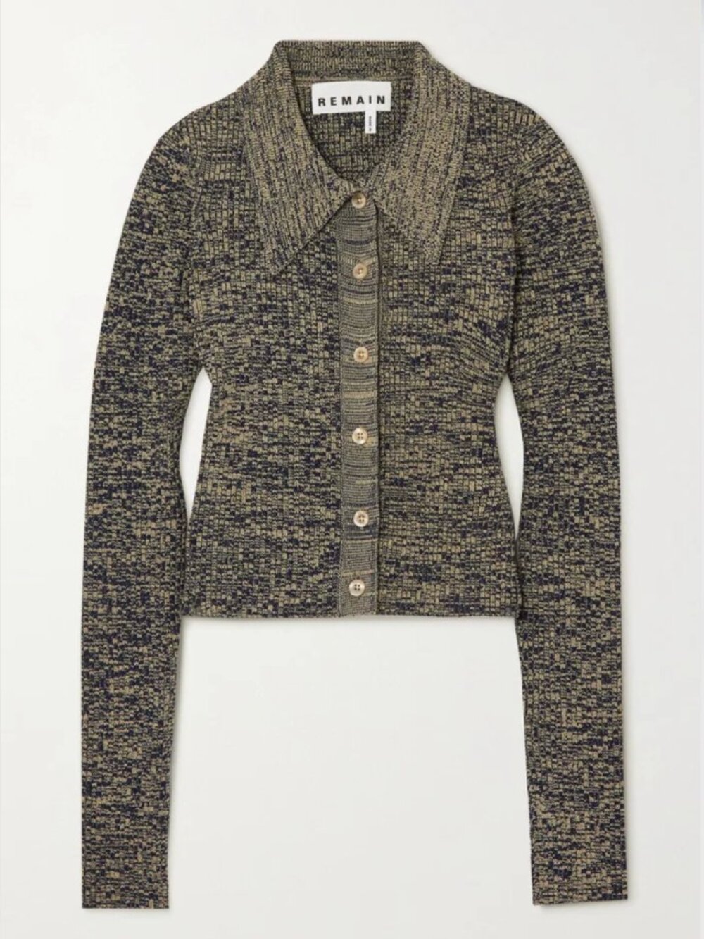 REMAIN Navy & Tan Kulia Ribbed Knit Cardigan XS